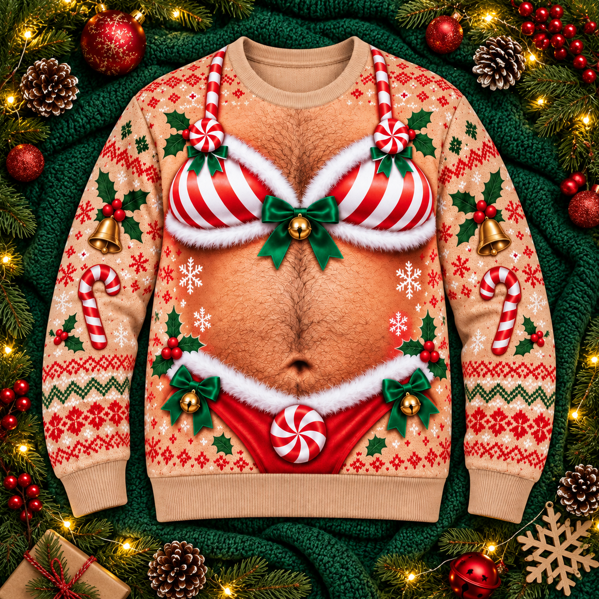 Funny Christmas Candy Cane Ugly Sweater – Festive Adult Holiday Party Pullover