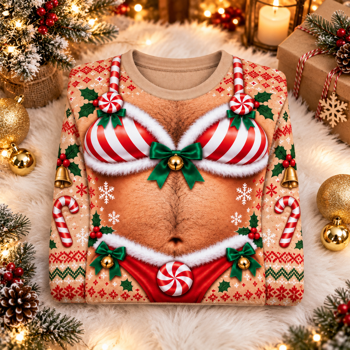 Funny Christmas Candy Cane Ugly Sweater – Festive Adult Holiday Party Pullover