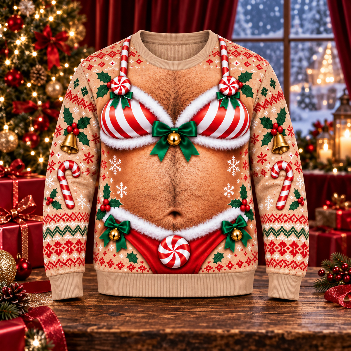 Funny Christmas Candy Cane Ugly Sweater – Festive Adult Holiday Party Pullover