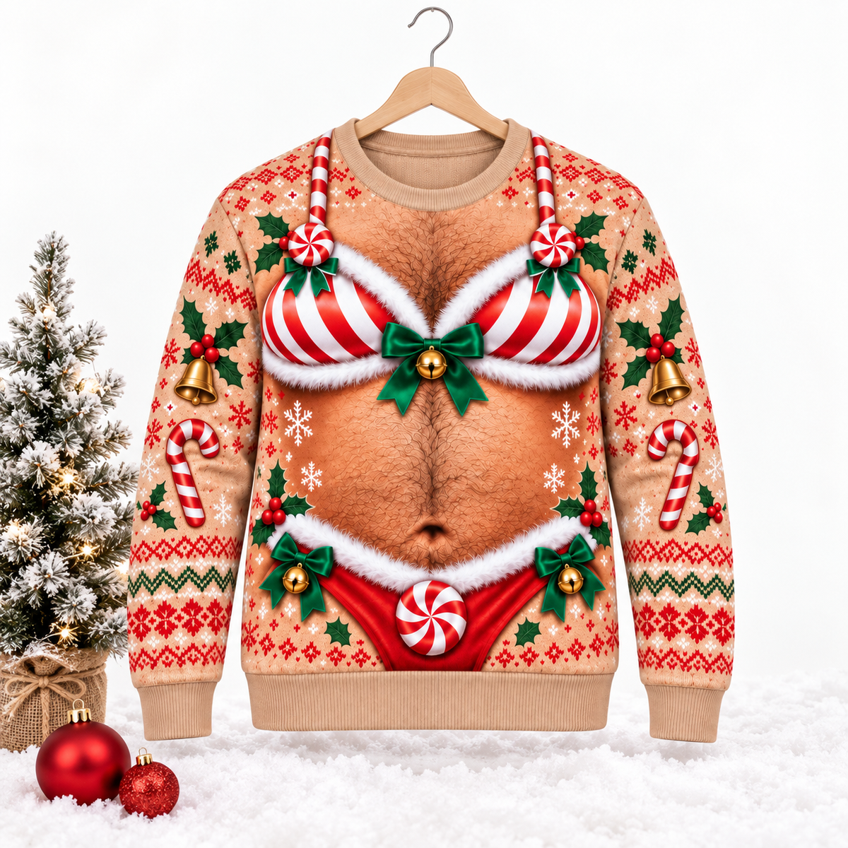 Funny Christmas Candy Cane Ugly Sweater – Festive Adult Holiday Party Pullover
