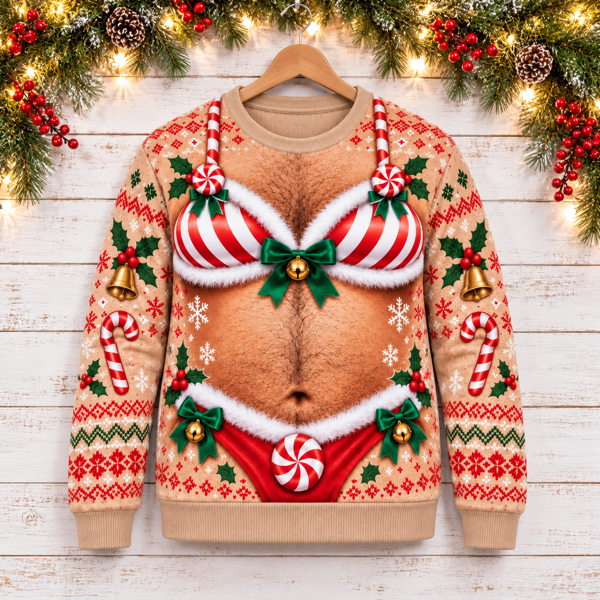 Funny Christmas Candy Cane Ugly Sweater – Festive Adult Holiday Party Pullover