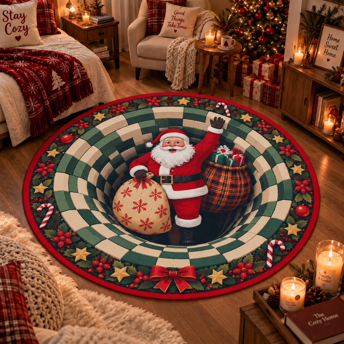 Christmas Santa 3D Vortex Round Rug