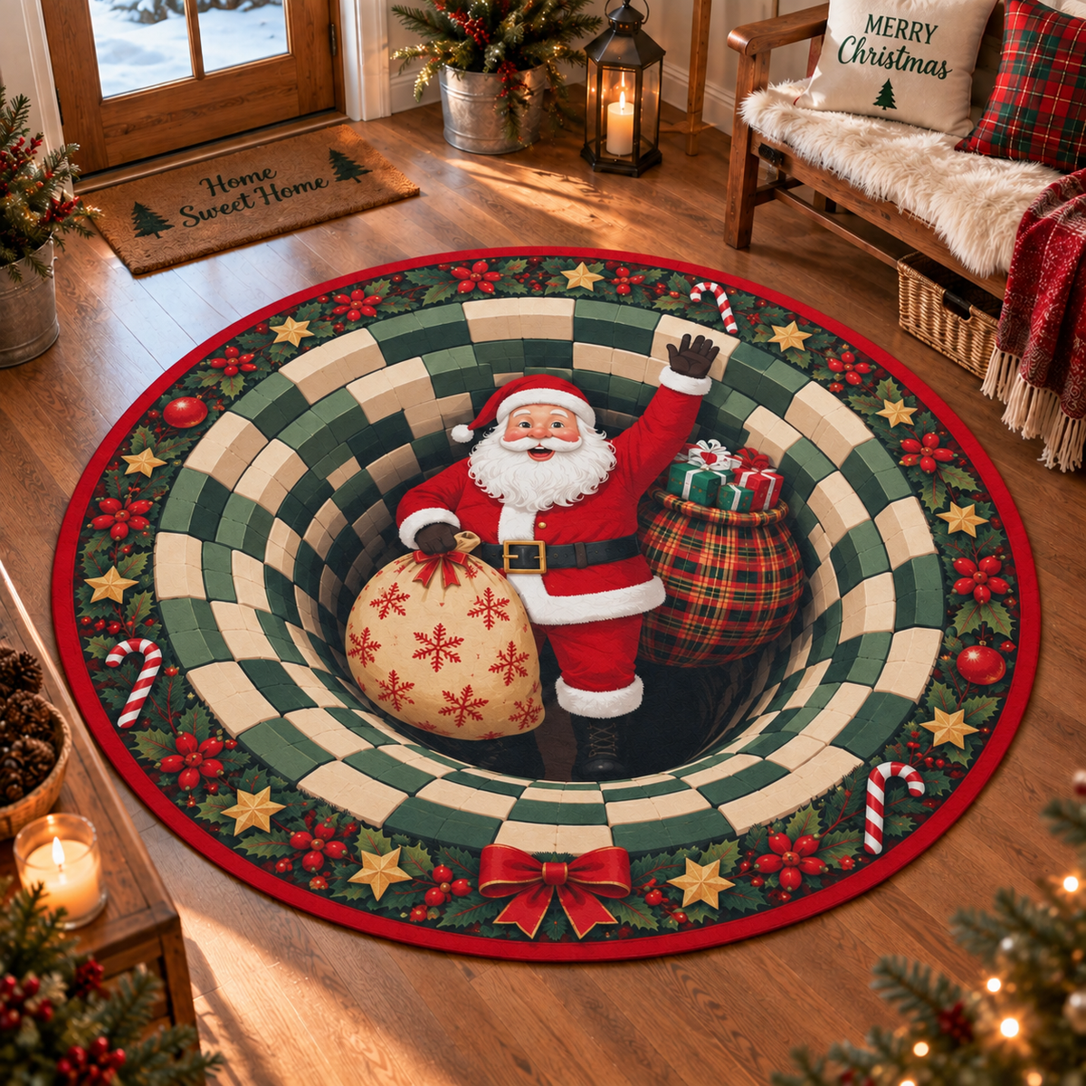 Christmas Santa 3D Vortex Round Rug