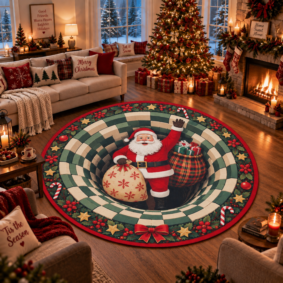 Christmas Santa 3D Vortex Round Rug